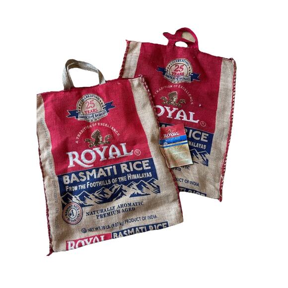 NWT Royal Basmati Rice Bag 20lbs Burlap Handles Zipper Heavy Duty 25th Lot Of 2 - Picture 1 of 8